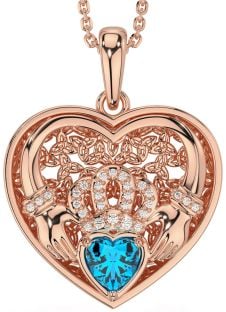 Diamond Topaz Rose Gold Silver Celtic Claddagh Trinity Knot Heart Necklace