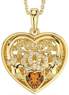 Diamond Citrine Gold Silver Celtic Claddagh Trinity Knot Heart Necklace