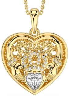 Diamond Gold Silver Celtic Claddagh Trinity Knot Heart Necklace