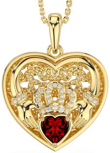 Diamond Garnet Gold Silver Celtic Claddagh Trinity Knot Heart Necklace