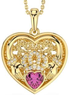 Diamond Pink Tourmaline Gold Silver Celtic Claddagh Trinity Knot Heart Necklace