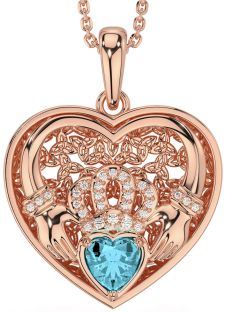 Diamond Aquamarine Rose Gold Celtic Claddagh Trinity Knot Heart Necklace