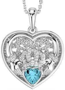 Diamond Aquamarine Silver Celtic Claddagh Trinity Knot Heart Necklace