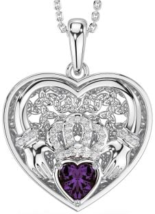 Diamond Alexandrite Silver Celtic Claddagh Trinity Knot Heart Necklace