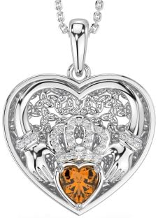 Diamond Citrine Silver Celtic Claddagh Trinity Knot Heart Necklace