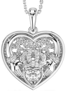 Diamond Silver Celtic Claddagh Trinity Knot Heart Necklace