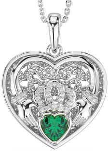 Diamond Emerald Silver Celtic Claddagh Trinity Knot Heart Necklace