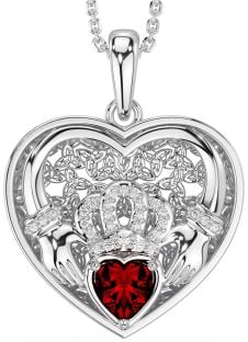 Diamond Garnet Silver Celtic Claddagh Trinity Knot Heart Necklace