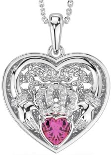 Diamond Pink Tourmaline Silver Celtic Claddagh Trinity Knot Heart Necklace