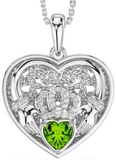 Diamond Peridot Silver Celtic Claddagh Trinity Knot Heart Necklace