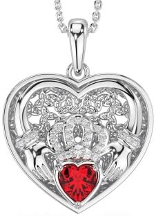 Diamond Ruby Silver Celtic Claddagh Trinity Knot Heart Necklace