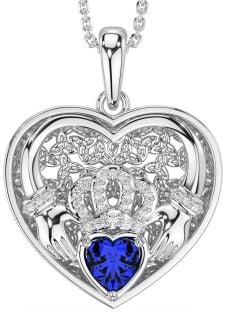 Diamond Sapphire Silver Celtic Claddagh Trinity Knot Heart Necklace