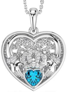 Diamond Topaz Silver Celtic Claddagh Trinity Knot Heart Necklace