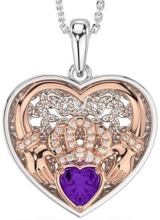 Diamond Amethyst Rose Gold Silver Celtic Claddagh Trinity Knot Heart Necklace