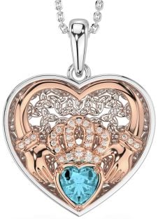 Diamond Aquamarine Rose Gold Silver Celtic Claddagh Trinity Knot Heart Necklace