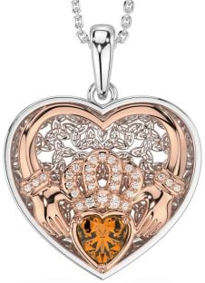 Diamond Citrine Rose Gold Silver Celtic Claddagh Trinity Knot Heart Necklace