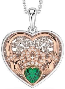 Diamond Emerald Rose Gold Silver Celtic Claddagh Trinity Knot Heart Necklace