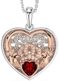 Diamond Garnet Rose Gold Silver Celtic Claddagh Trinity Knot Heart Necklace