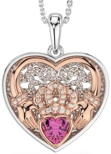 Diamond Pink Tourmaline Rose Gold Silver Celtic Claddagh Trinity Knot Heart Necklace