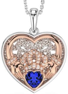 Diamond Sapphire Rose Gold Silver Celtic Claddagh Trinity Knot Heart Necklace