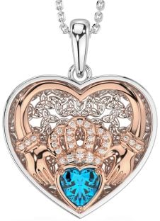 Diamond Topaz Rose Gold Silver Celtic Claddagh Trinity Knot Heart Necklace