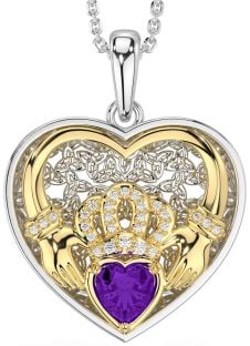 Diamond Amethyst Gold Silver Celtic Claddagh Trinity Knot Heart Necklace