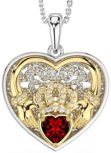 Diamond Garnet Gold Silver Celtic Claddagh Trinity Knot Heart Necklace