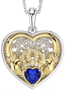 Diamond Sapphire Gold Silver Celtic Claddagh Trinity Knot Heart Necklace