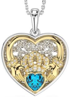 Diamond Topaz Gold Silver Celtic Claddagh Trinity Knot Heart Necklace