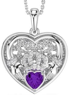 Diamond Amethyst White Gold Celtic Claddagh Trinity Knot Heart Necklace