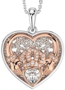 Diamond White Rose Gold Celtic Claddagh Trinity Knot Heart Necklace