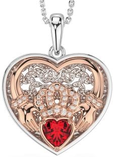 Diamond Ruby White Rose Gold Celtic Claddagh Trinity Knot Heart Necklace