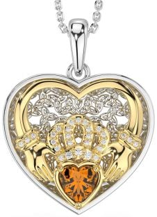 Diamond Citrine White Yellow Gold Celtic Claddagh Trinity Knot Heart Necklace