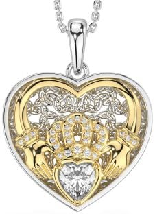 Diamond White Yellow Gold Celtic Claddagh Trinity Knot Heart Necklace