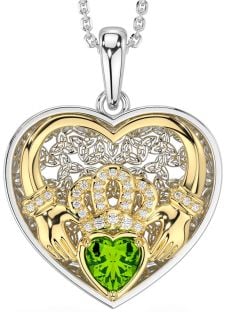 Diamond Peridot White Yellow Gold Celtic Claddagh Trinity Knot Heart Necklace