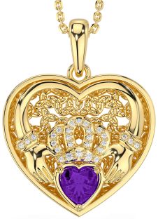 Diamond Amethyst Gold Celtic Claddagh Trinity Knot Heart Necklace