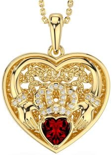 Diamond Garnet Gold Celtic Claddagh Trinity Knot Heart Necklace