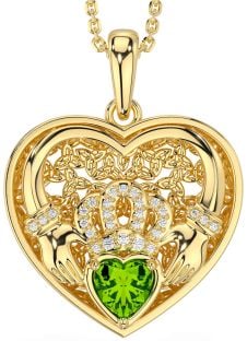 Diamond Peridot Gold Celtic Claddagh Trinity Knot Heart Necklace