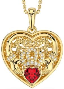 Diamond Ruby Gold Celtic Claddagh Trinity Knot Heart Necklace