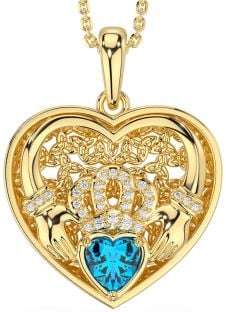 Diamond Topaz Gold Celtic Claddagh Trinity Knot Heart Necklace