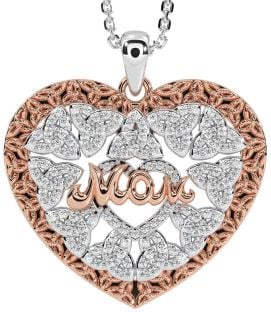 Diamond Rose Gold Silver Celtic Trinity Knot Heart Mom Necklace