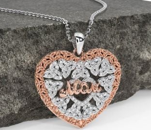Diamond White Rose Gold Celtic Trinity Knot Heart Mom Necklace
