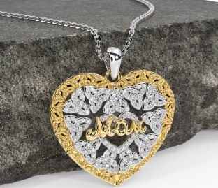 Diamond White Yellow Gold Celtic Trinity Knot Heart Mom Necklace