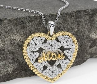 Diamond White Yellow Gold Celtic Trinity Knot Heart Mom Necklace