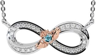 Diamond Aquamarine Rose Gold Silver Infinity Claddagh Necklace