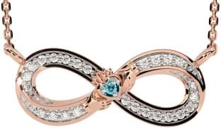 Diamond Aquamarine Rose Gold Silver Infinity Claddagh Necklace