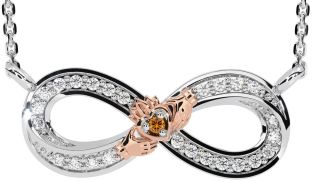 Diamond Citrine Rose Gold Silver Infinity Claddagh Necklace