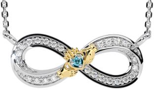 Diamond Aquamarine White Yellow Gold Infinity Claddagh Necklace