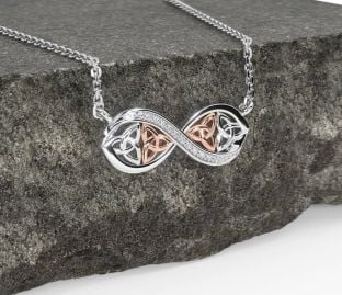 Diamond Rose Gold Silver Celtic Trinity Knot Infinity Necklace