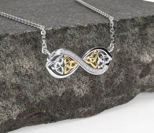 Diamond White Yellow Gold Celtic Trinity Knot Infinity Necklace